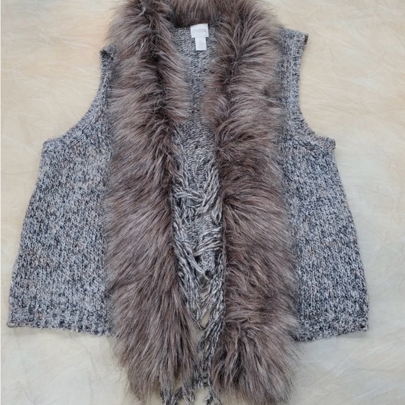 CHICOS Sweater Vest Faux Fur Fringe Collar Womens 2/L/12 Tan Brown Gray Cotton - Picture 6 of 9